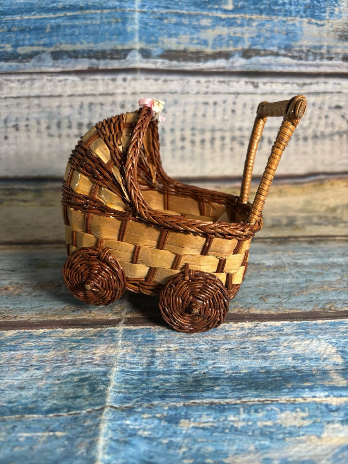 Vintage Mini Wicker Doll Pram Basket Nursery Decor Handmade Woven Carriage