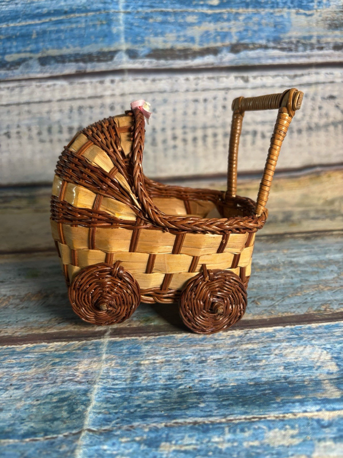 Vintage Mini Wicker Doll Pram Basket Nursery Decor Handmade Woven Carriage