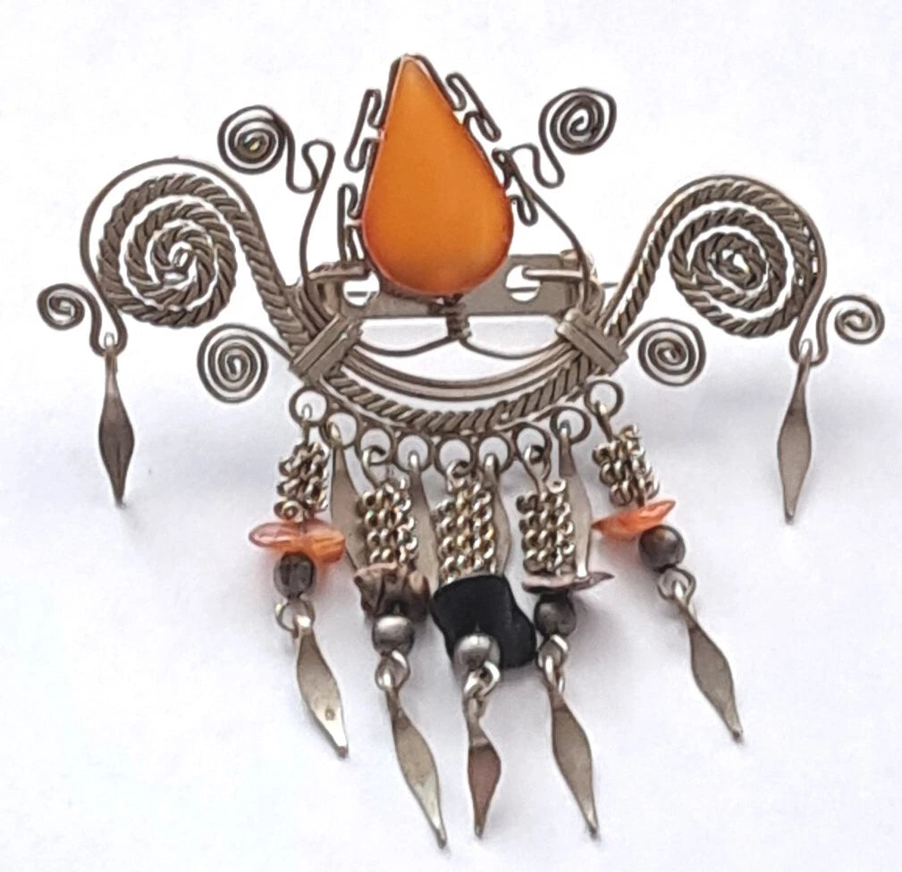 Vintage Hand Made Silver Plate Carnelian Stone Pin/Brooch Dangling Tassles