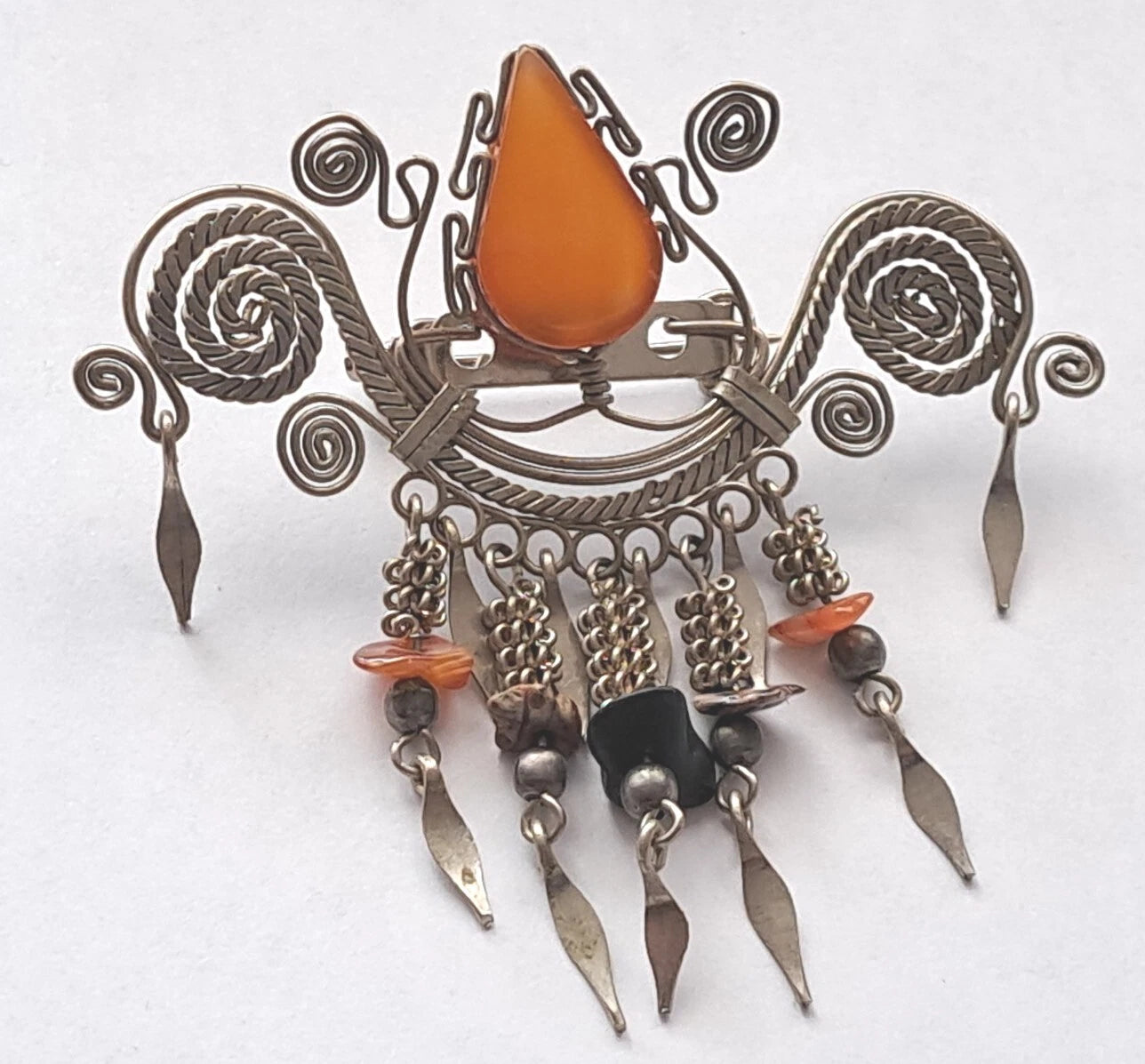 Vintage Hand Made Silver Plate Carnelian Stone Pin/Brooch Dangling Tassles