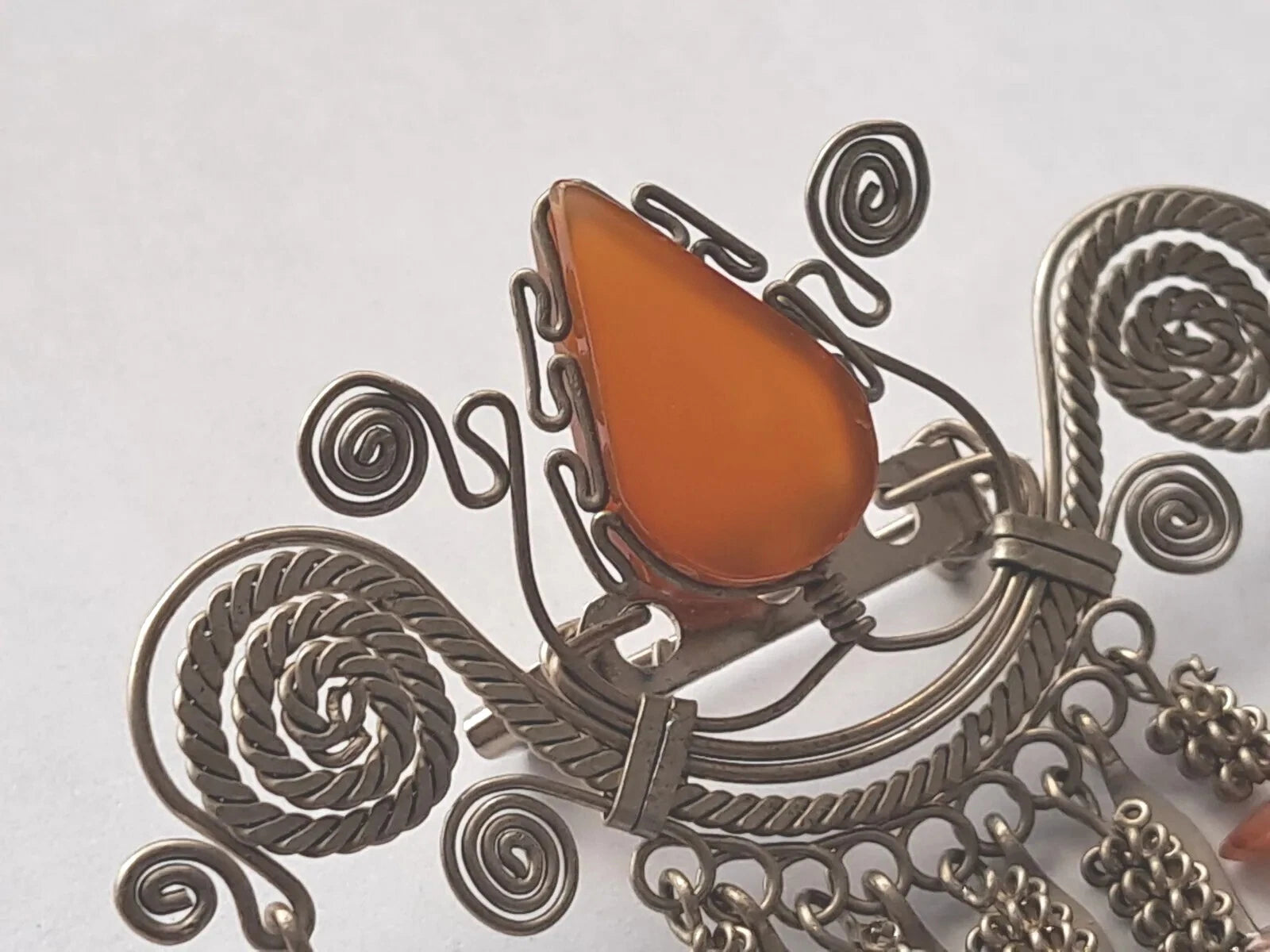 Vintage Hand Made Silver Plate Carnelian Stone Pin/Brooch Dangling Tassles