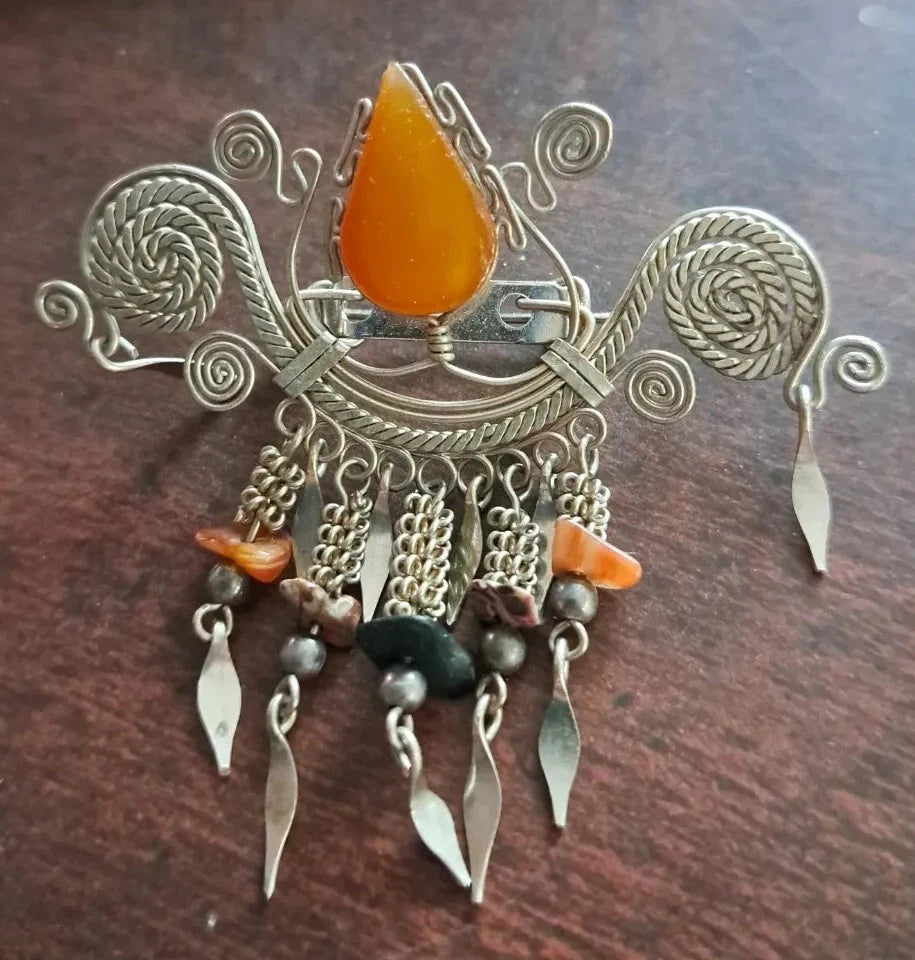 Vintage Hand Made Silver Plate Carnelian Stone Pin/Brooch Dangling Tassles