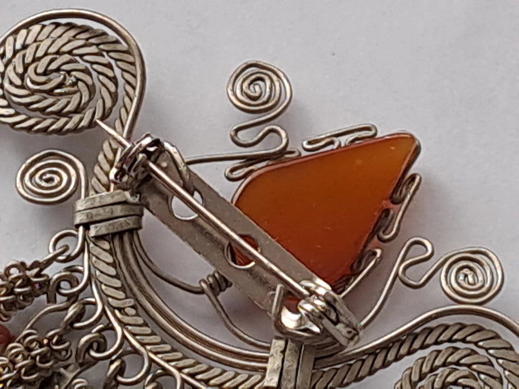 Vintage Hand Made Silver Plate Carnelian Stone Pin/Brooch Dangling Tassles