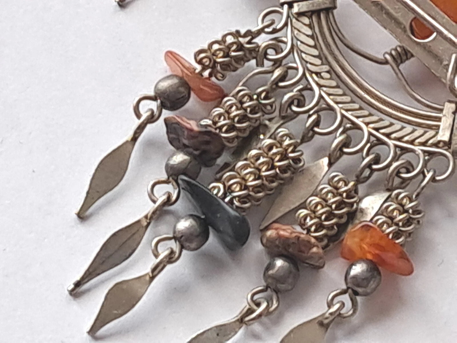 Vintage Hand Made Silver Plate Carnelian Stone Pin/Brooch Dangling Tassles
