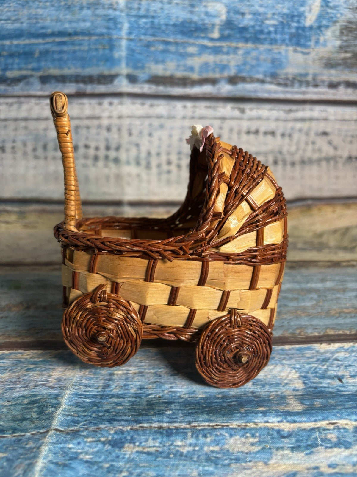 Vintage Mini Wicker Doll Pram Basket Nursery Decor Handmade Woven Carriage