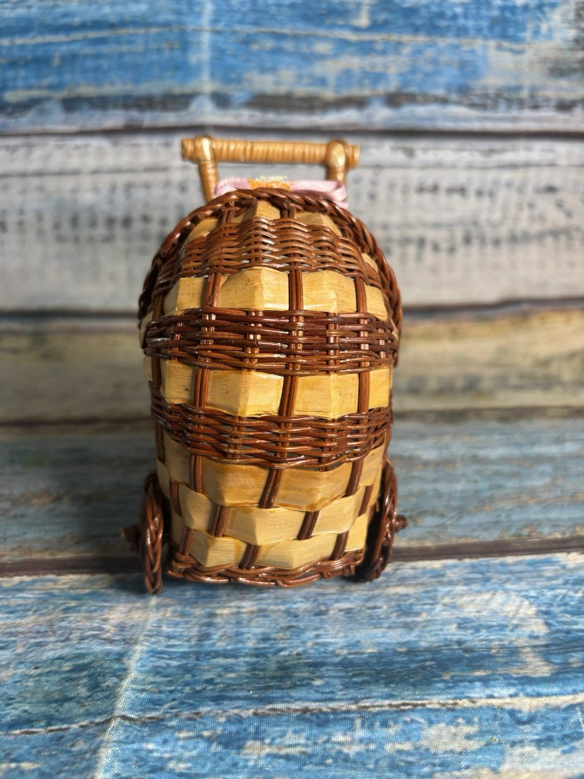 Vintage Mini Wicker Doll Pram Basket Nursery Decor Handmade Woven Carriage