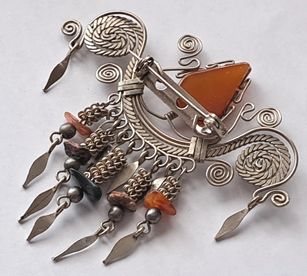 Vintage Hand Made Silver Plate Carnelian Stone Pin/Brooch Dangling Tassles