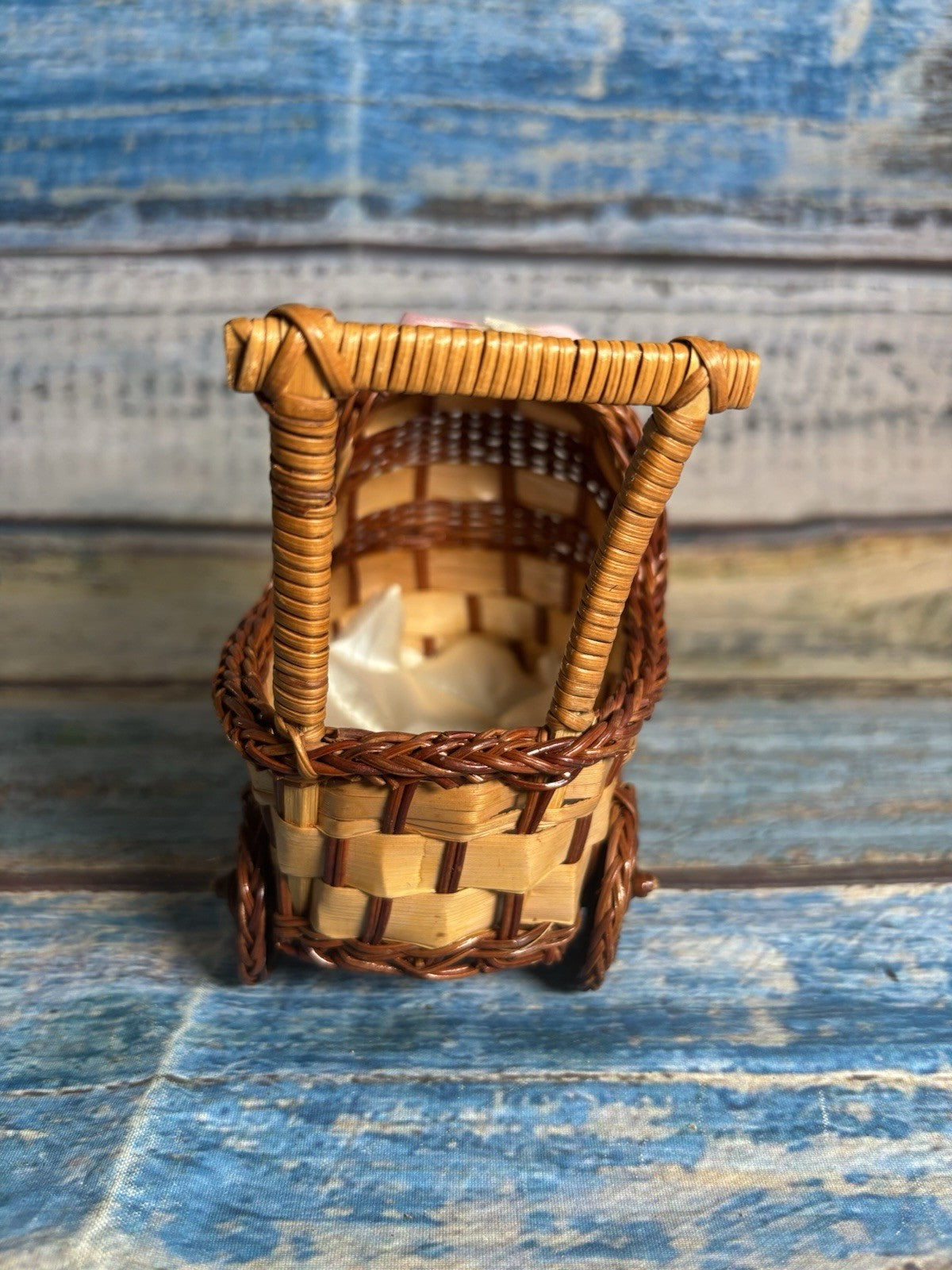 Vintage Mini Wicker Doll Pram Basket Nursery Decor Handmade Woven Carriage
