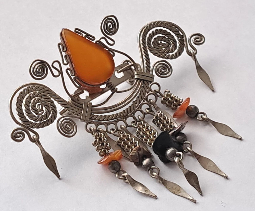 Vintage Hand Made Silver Plate Carnelian Stone Pin/Brooch Dangling Tassles