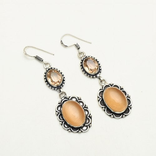 Cat Eye Morganite Gemstone Handmade Drop Dangle Earrings Jewelry