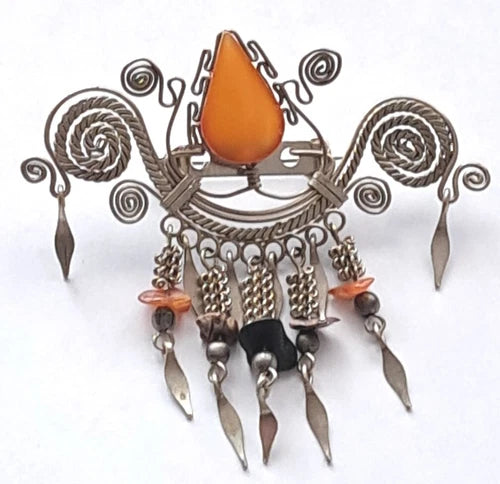 Vintage Hand Made Silver Plate Carnelian Stone Pin/Brooch Dangling Tassles